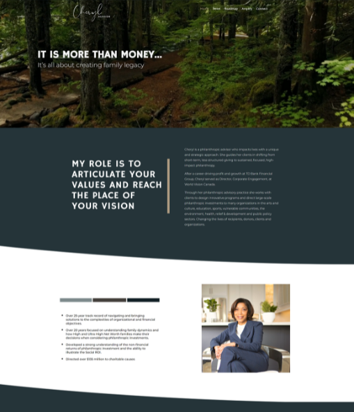Screenshot of a financial advisory website with a nature background, text about creating a family legacy, and a professional woman in a suit offering advisory services. OCIDM,io Branding and Digital marketing Hamilton, Toronto, Oakville, Mississauga Screenshot of a financial advisory website with a nature background, text about creating a family legacy, and a professional woman in a suit offering advisory services. OCIDM,io Branding and Digital marketing Hamilton, Toronto, Oakville, Mississauga