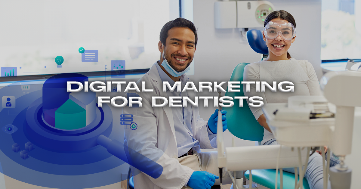 A dentist and patient smiling in a dental clinic with "Digital Marketing for Dentists" text overlay, set against a backdrop of dental tools and digital icons, highlighting strategies to thrive in a competitive market. OCIDM,io Branding and Digital marketing Hamilton, Toronto, Oakville, Mississauga