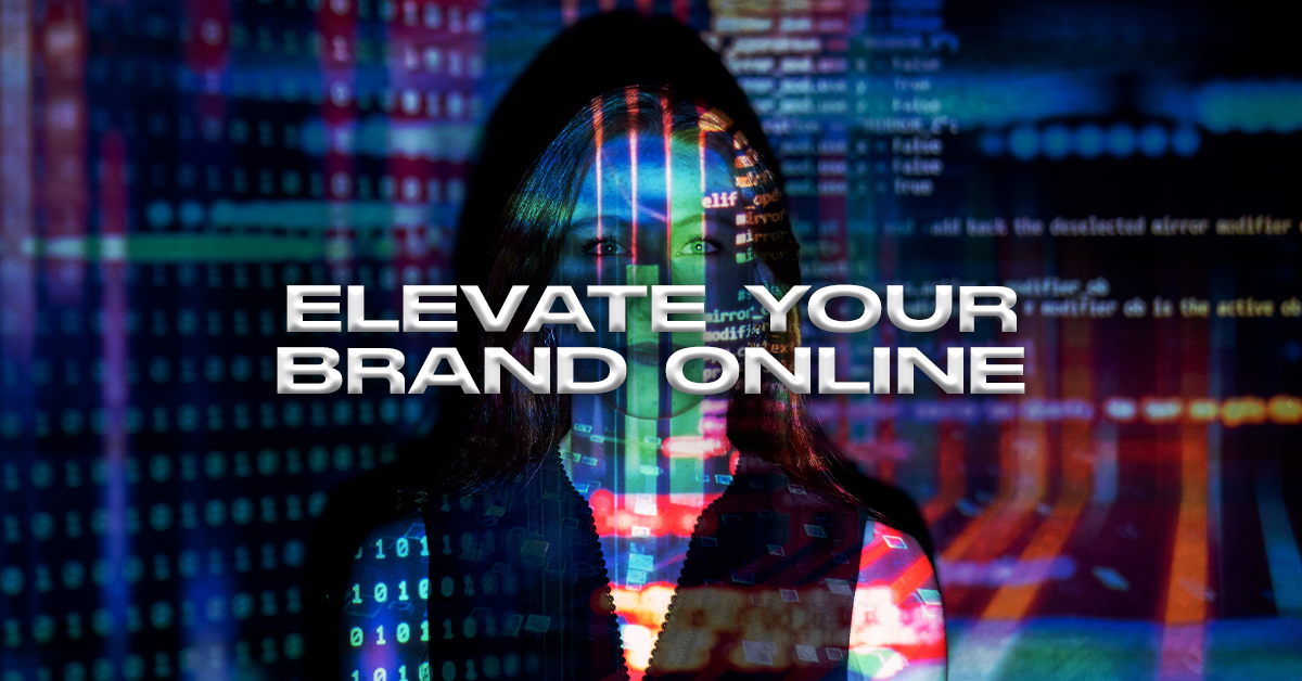 A person stands with vibrant digital code projected on them, with text reading "Elevate Your Business Online." Perfect for those in Toronto seeking professional web design to truly stand out. OCIDM,io Branding and Digital marketing Hamilton, Toronto, Oakville, Mississauga