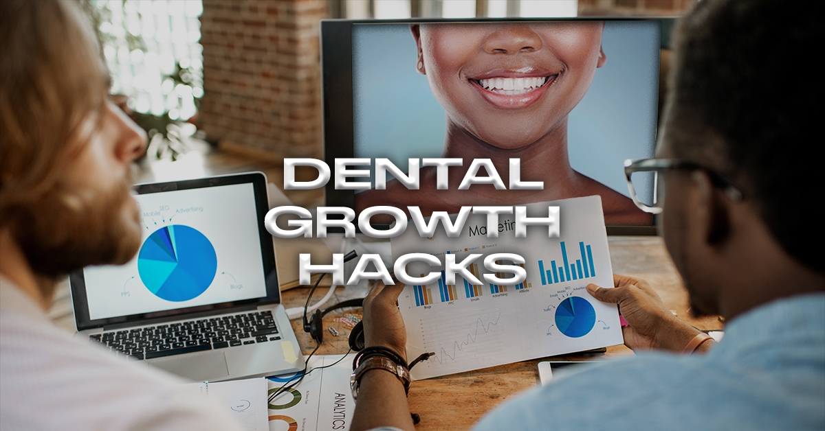 Two people analyze financial graphs on laptops. A large screen displays a smiling face. The text reads "Dental Growth Hacks. OCIDM,io Branding and Digital marketing Hamilton, Toronto, Oakville, Mississauga