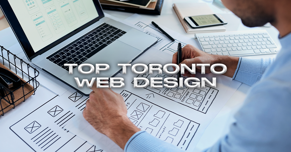 Person working on web design sketches at a desk with a laptop, keyboard, and smartphone. Text overlay reads "Top Toronto Web Design. OCIDM,io Branding and Digital marketing Hamilton, Toronto, Oakville, Mississauga