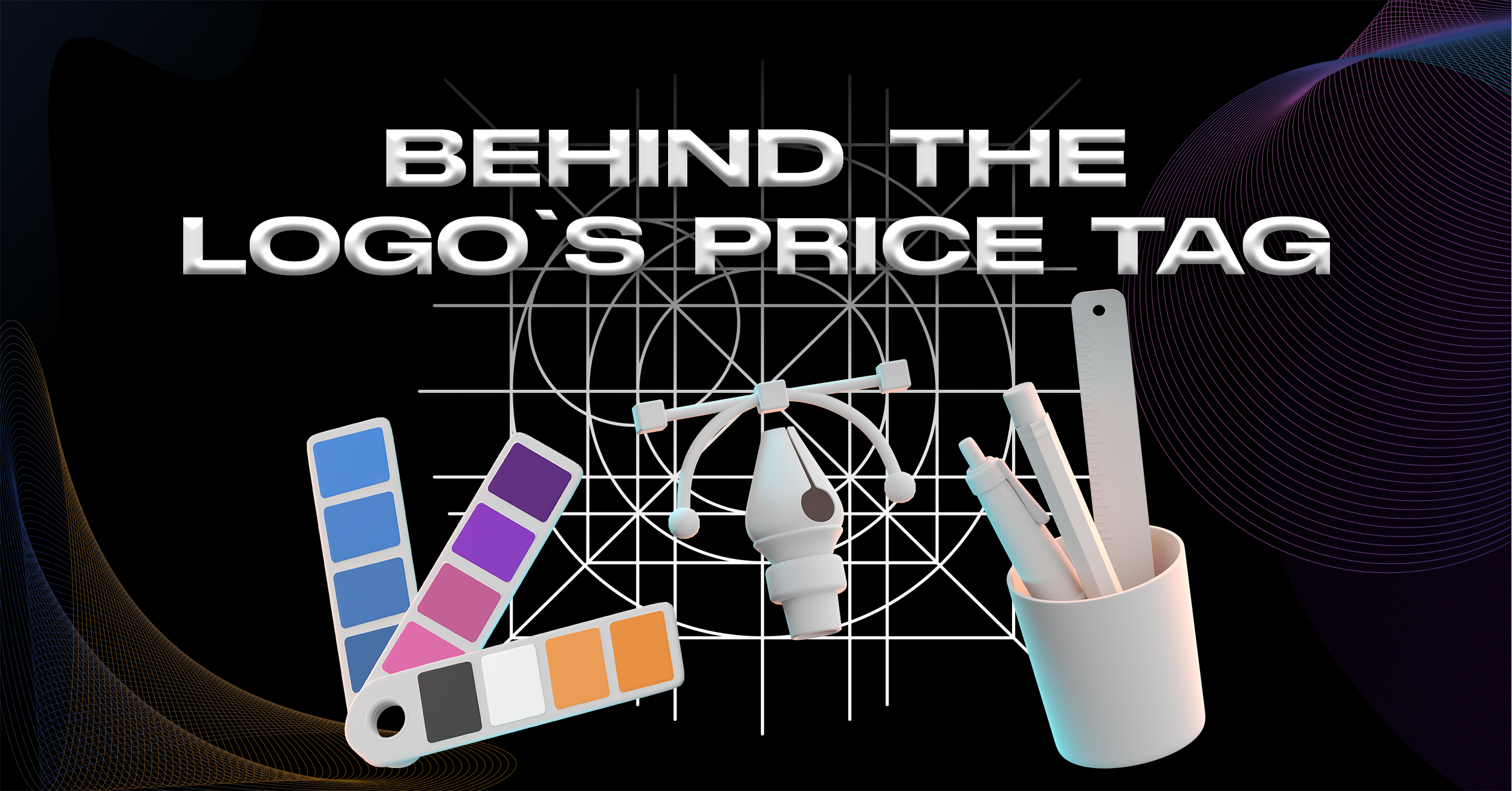 A graphic with the text "Behind the Logo's Price Tag," showcases a color palette, drawing tools, and a compass on a grid background, illustrating the intricacies of professional logo design. OCIDM,io Branding and Digital marketing Hamilton, Toronto, Oakville, Mississauga