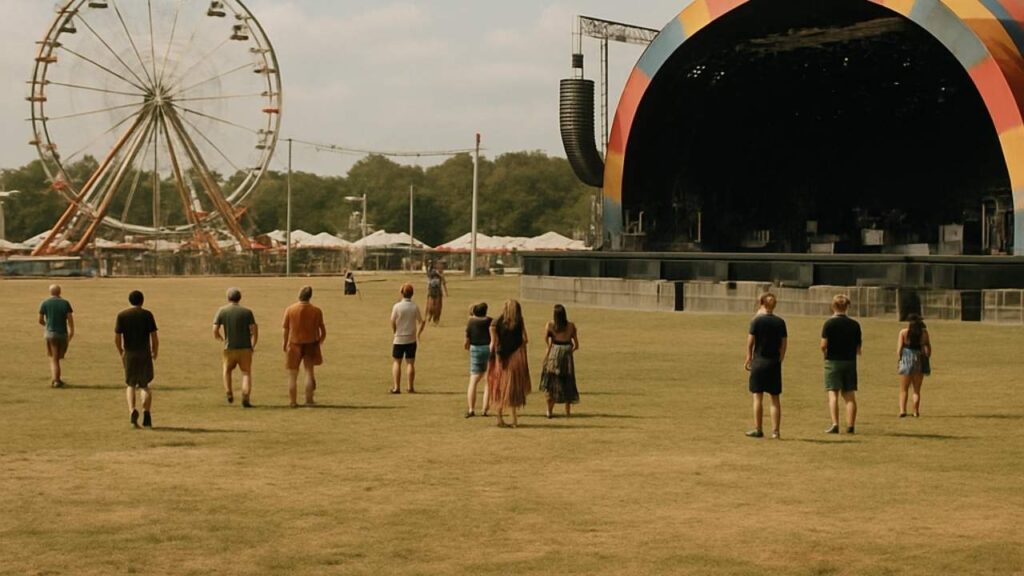 A group of people stand spaced apart facing an outdoor stage at a cultural event, with a Ferris wheel and empty grass field visible in the background. OCIDM,io Branding and Digital marketing Hamilton, Toronto, Oakville, Mississauga