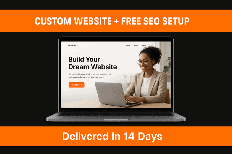 A laptop displaying a website builder page with text promoting custom website creation, free SEO setup, and delivery in 14 days on orange and black banners. OCIDM,io Branding and Digital marketing Hamilton, Toronto, Oakville, Mississauga