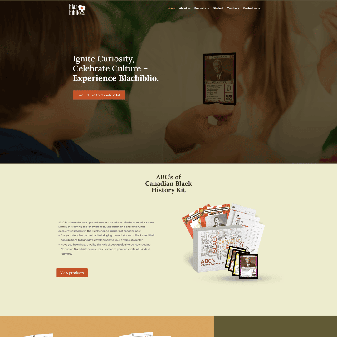 A website homepage for Blacbiblio, highlighting a Black History educational kit and featuring a call-to-action button for donations. OCIDM,io Branding and Digital marketing Hamilton, Toronto, Oakville, Mississauga A website homepage for Blacbiblio, highlighting a Black History educational kit and featuring a call-to-action button for donations. OCIDM,io Branding and Digital marketing Hamilton, Toronto, Oakville, Mississauga