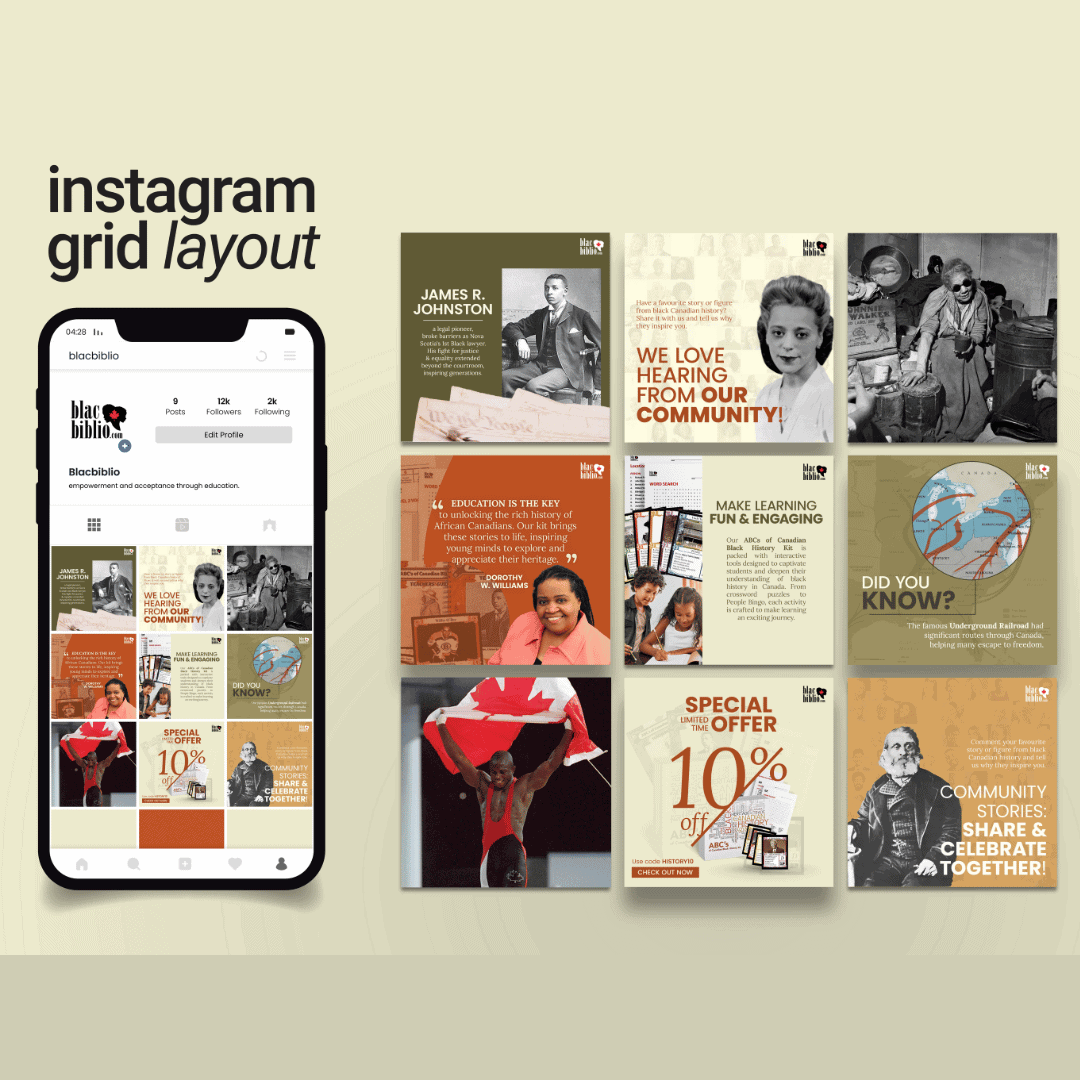 A smartphone screen shows an Instagram grid layout by @blkxblibio, featuring eight image posts promoting education, community engagement, and special offers. OCIDM,io Branding and Digital marketing Hamilton, Toronto, Oakville, Mississauga A smartphone screen shows an Instagram grid layout by @blkxblibio, featuring eight image posts promoting education, community engagement, and special offers. OCIDM,io Branding and Digital marketing Hamilton, Toronto, Oakville, Mississauga