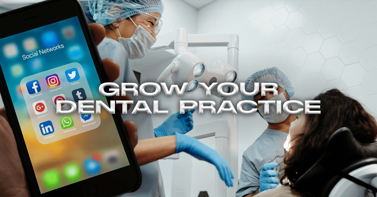 Dentists in surgical attire treat a patient in a clinic while a person holds a smartphone displaying social media apps. Text overlay reads, "Strategies to Grow Your Practice. OCIDM,io Branding and Digital marketing Hamilton, Toronto, Oakville, Mississauga