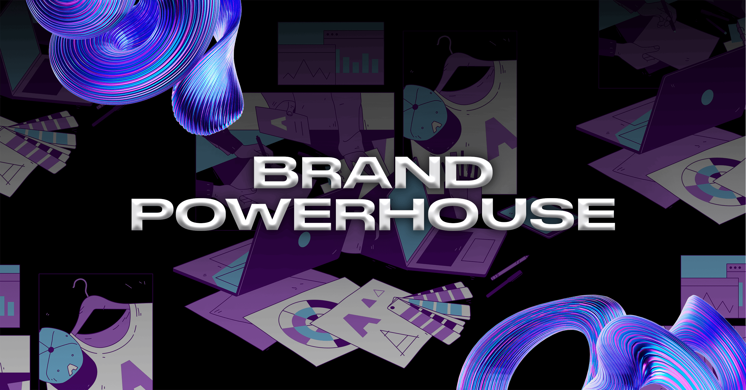 A digital collage with laptops, charts, and design sketches overlaid with the text "Strategies for a Powerhouse Brand" on a dark background. OCIDM,io Branding and Digital marketing Hamilton, Toronto, Oakville, Mississauga