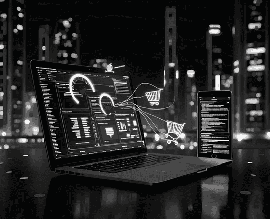 A laptop and smartphone display data and code on their screens. Shopping cart icons and progress indicators float between the two devices, with a cityscape in the blurred background. OCIDM,io Branding and Digital marketing Hamilton, Toronto, Oakville, Mississauga A laptop and smartphone display data and code on their screens. Shopping cart icons and progress indicators float between the two devices, with a cityscape in the blurred background. OCIDM,io Branding and Digital marketing Hamilton, Toronto, Oakville, Mississauga