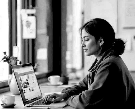 A woman sits at a table using a laptop, with a blurred background showing cups and a window. OCIDM,io Branding and Digital marketing Hamilton, Toronto, Oakville, Mississauga A woman sits at a table using a laptop, with a blurred background showing cups and a window. OCIDM,io Branding and Digital marketing Hamilton, Toronto, Oakville, Mississauga