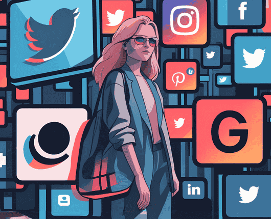 Illustration of a person in sunglasses surrounded by various social media icons, including Twitter, Instagram, and LinkedIn, symbolizing a digital landscape. OCIDM,io Branding and Digital marketing Hamilton, Toronto, Oakville, Mississauga