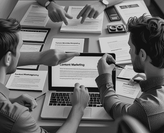 Two people at a table reviewing content marketing documents on a laptop, surrounded by papers and a camera. Hands point at the screen, indicating discussion or analysis. OCIDM,io Branding and Digital marketing Hamilton, Toronto, Oakville, Mississauga Two people at a table reviewing content marketing documents on a laptop, surrounded by papers and a camera. Hands point at the screen, indicating discussion or analysis. OCIDM,io Branding and Digital marketing Hamilton, Toronto, Oakville, Mississauga