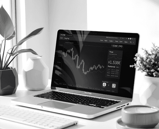 A laptop on a desk displaying a line graph with financial data. Nearby are potted plants, a candle, and a cup, all in a black and white setting. OCIDM,io Branding and Digital marketing Hamilton, Toronto, Oakville, Mississauga A laptop on a desk displaying a line graph with financial data. Nearby are potted plants, a candle, and a cup, all in a black and white setting. OCIDM,io Branding and Digital marketing Hamilton, Toronto, Oakville, Mississauga