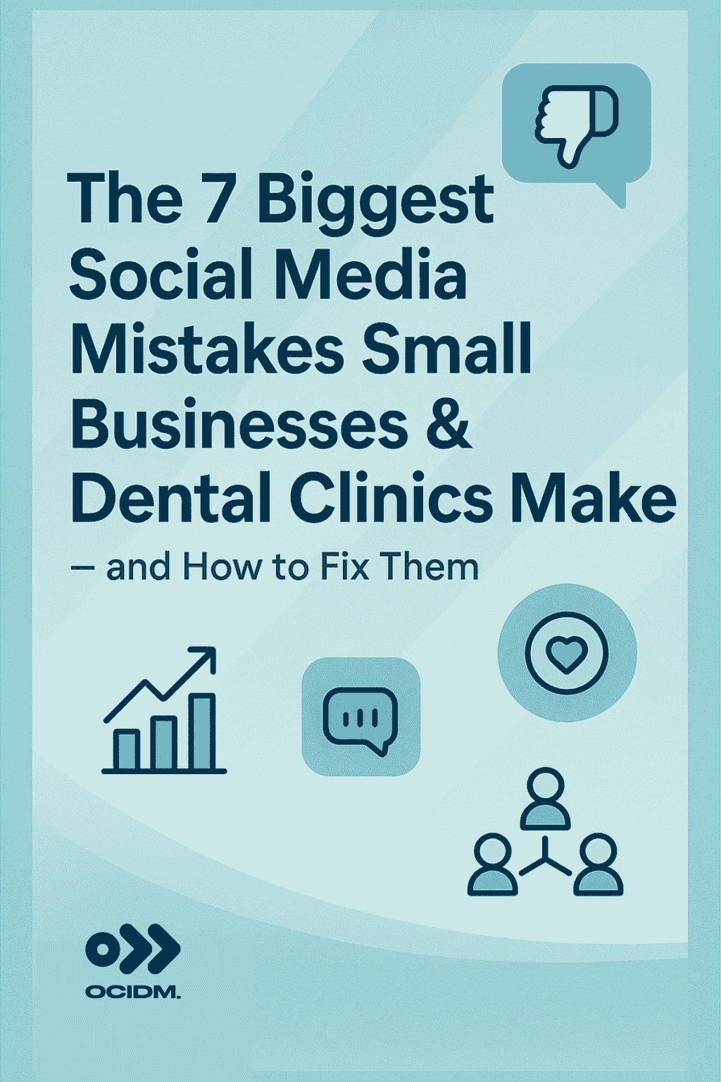 A teal poster titled "The 7 Biggest Social Media Mistakes Small Businesses & Dental Clinics Make—and How to Fix Them," with icons for feedback, growth, chat, heart, and networking. OCIDM,io Branding and Digital marketing Hamilton, Toronto, Oakville, Mississauga