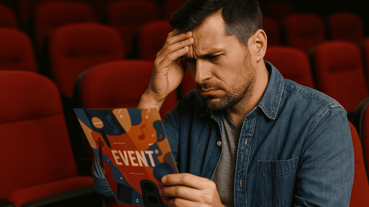 A man sits in a theater with red seats, holding and studying an event flyer with a concerned expression, perhaps considering the cultural events featured in the venue’s latest event promotion. OCIDM,io Branding and Digital marketing Hamilton, Toronto, Oakville, Mississauga